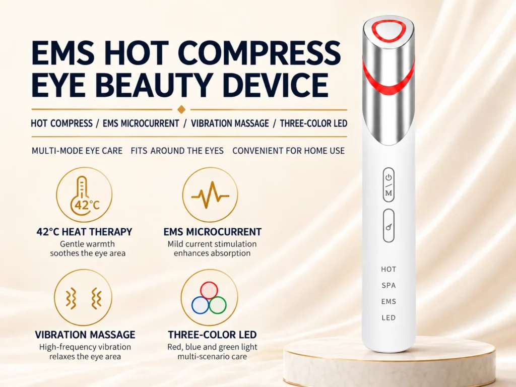 EMS hot compress eye beauty device highlighting 42℃ heat therapy, microcurrent, vibration massage, and tri-color LED.