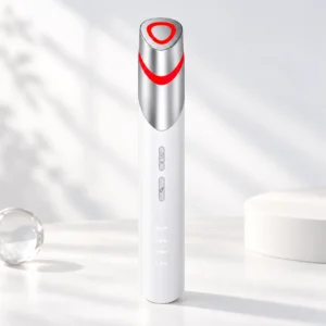 Portable EMS hot compress eye care massage wand with red LED light ring and dual-button controls.