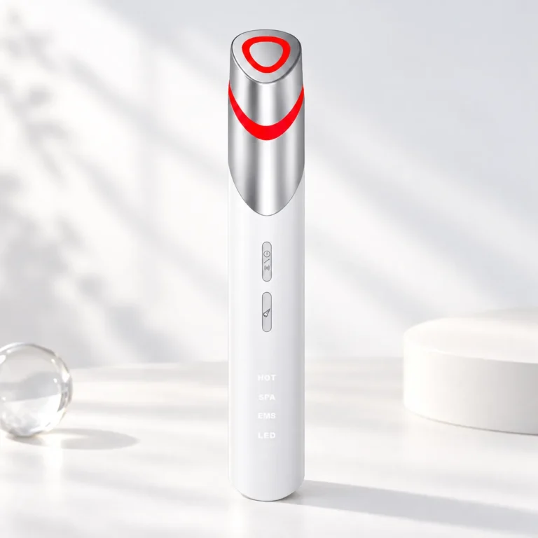 Portable EMS hot compress eye care massage wand with red LED light ring and dual-button controls.