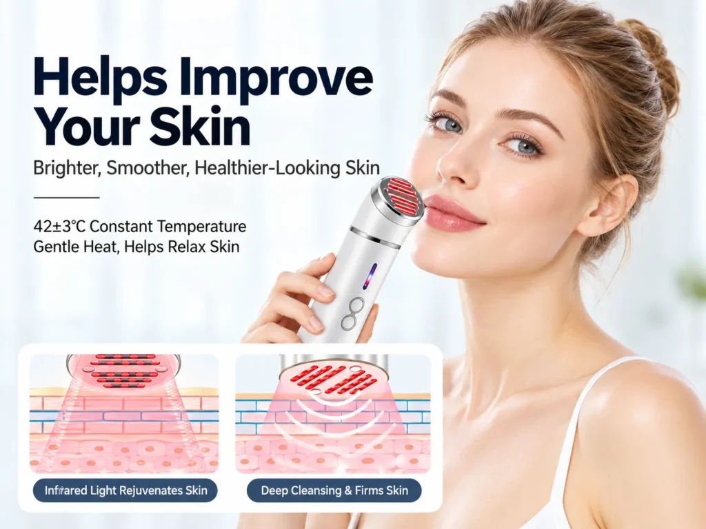 Model using the infrared light rejuvenation device with graphic inserts showing skin penetration