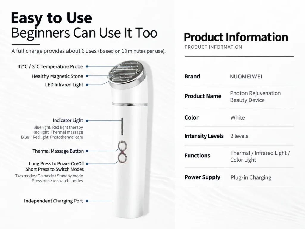 Product specification and feature guide for the infrared photon rejuvenation device with glass head