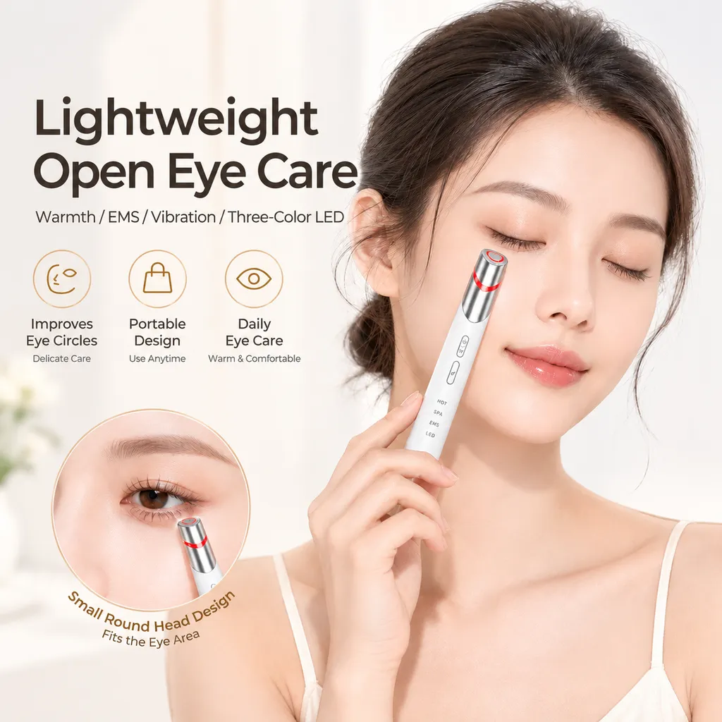 Model demonstrating the lightweight 4-in-1 eye care massage pen for dark circles and delicate eye skincare.