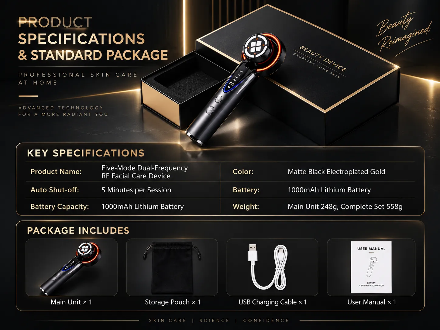 Product specifications and standard package contents including main unit, storage pouch, USB cable, and manual