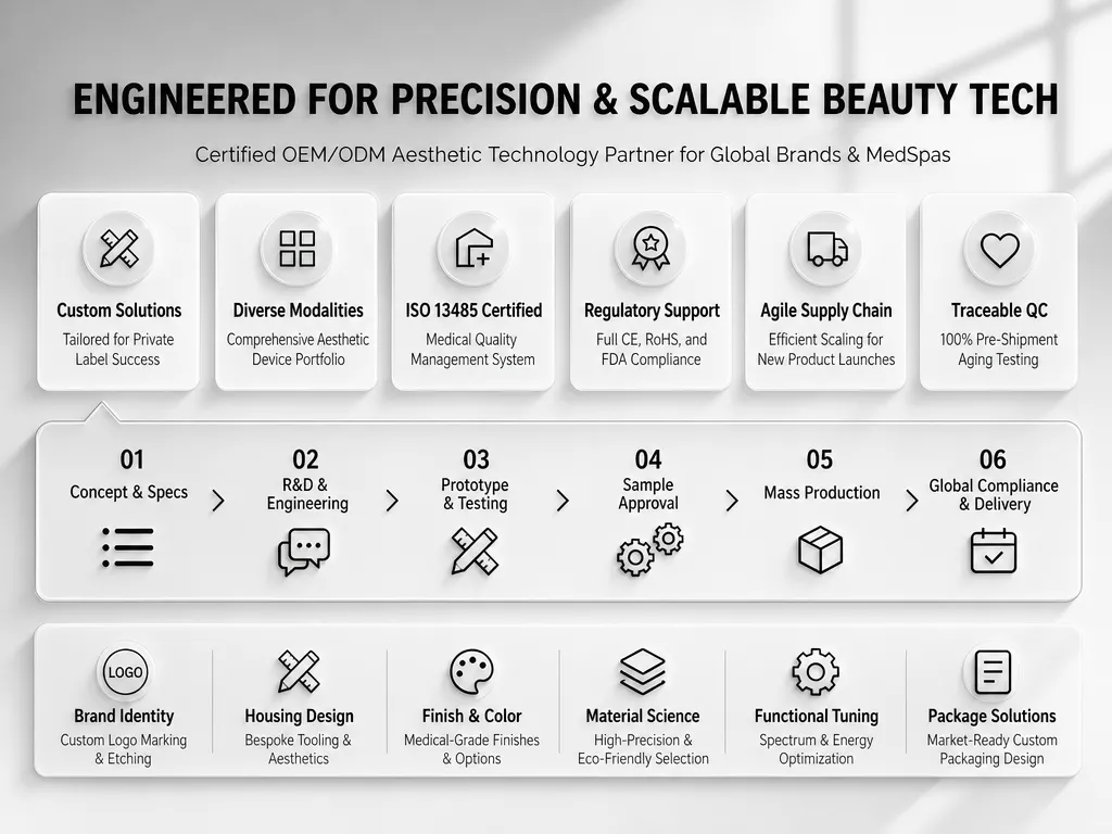 NUOMEIWEI OEM ODM aesthetic device manufacturing workflow and customization options including R&D engineering, ISO 13485 certification, and 100% pre-shipment aging testing