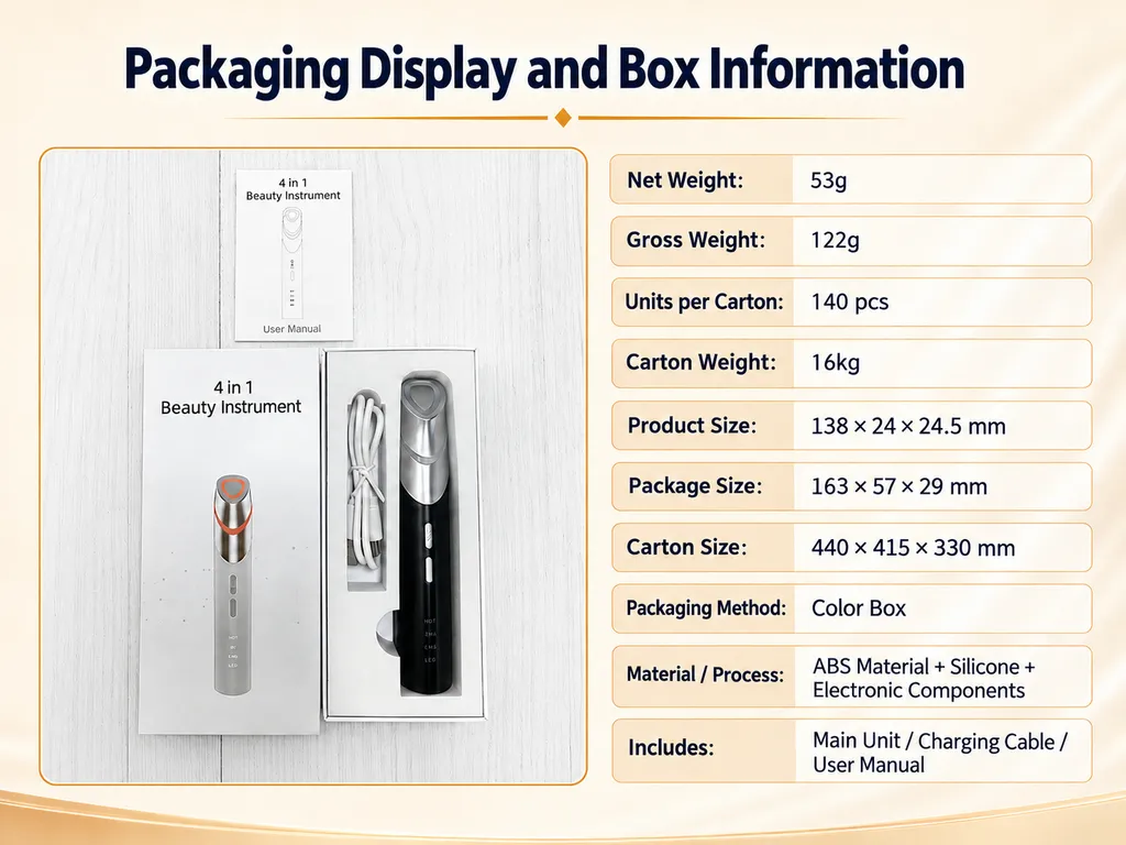 Packaging display and box information showing net weight, gross weight, carton size, and included accessories for the eye care device.