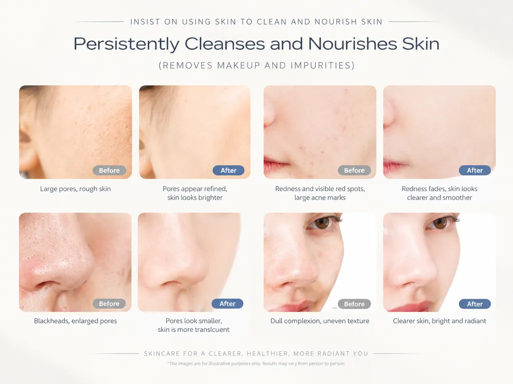 Before and after skincare results showing pore refinement, redness reduction, blackhead removal, and brightened skin tone