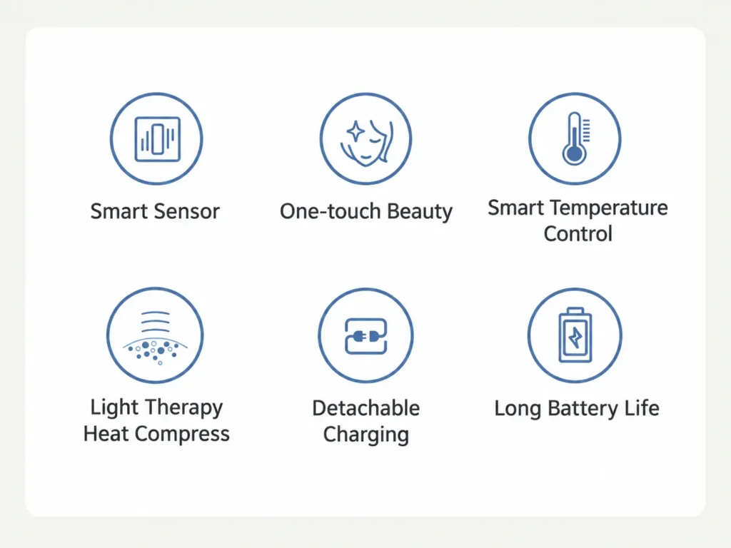 Six key feature icons including smart sensor, one-touch beauty, temperature control, and light therapy