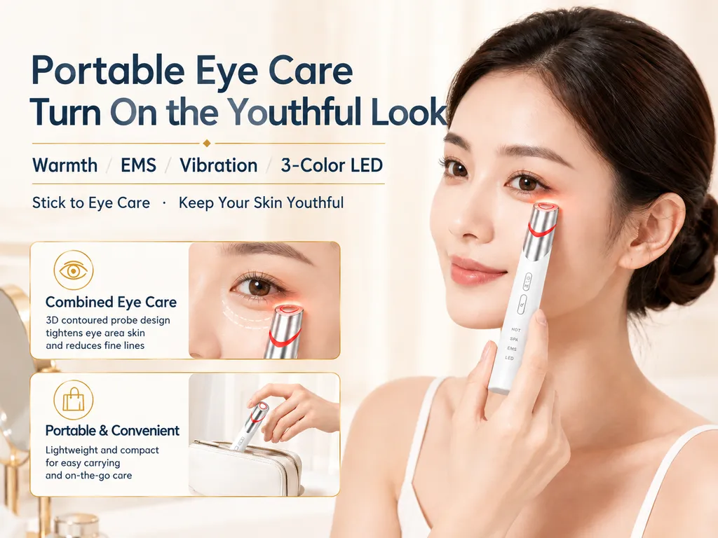 Model demonstrating the portable eye care device with 3D contoured probe design for reducing fine lines.