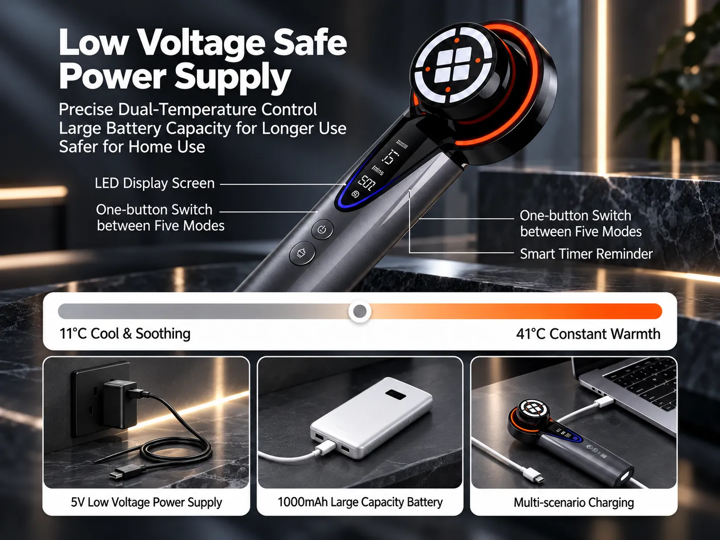 Low voltage power supply, 1000mAh battery, LED display, and dual-temperature control