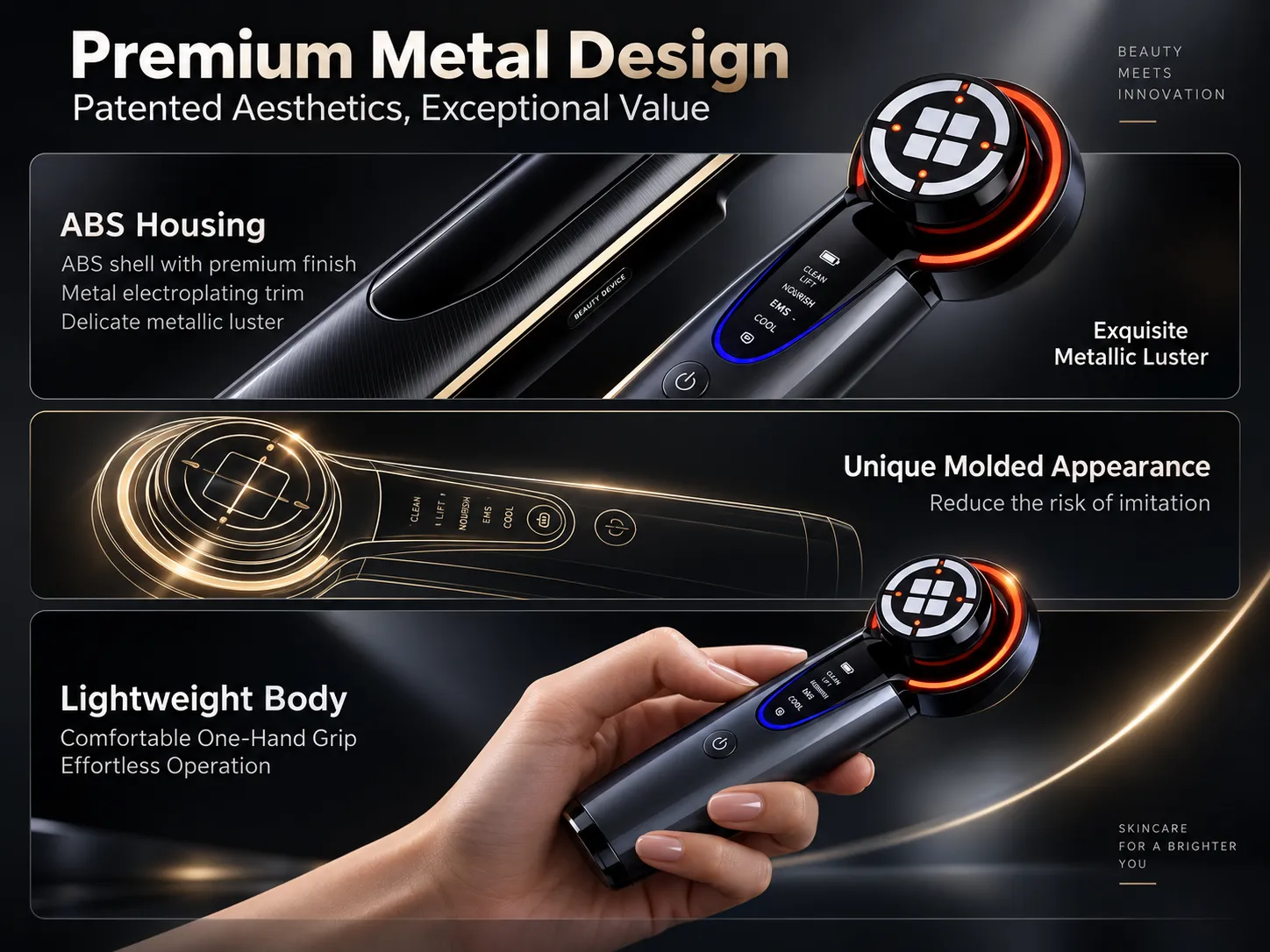 Premium metal design, ABS electroplated housing, and ergonomic grip of facial device