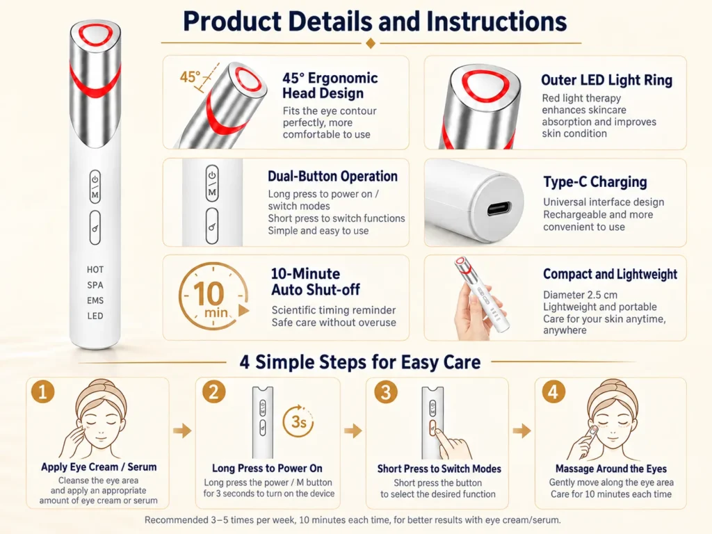 Product details and 4-step instructions covering 45-degree ergonomic head, dual-button operation, and daily use guide.