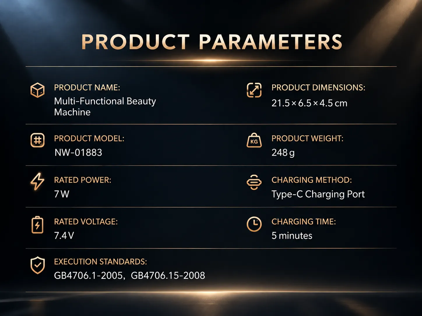 Technical product parameters matrix showing specifications, charging method, and execution standards