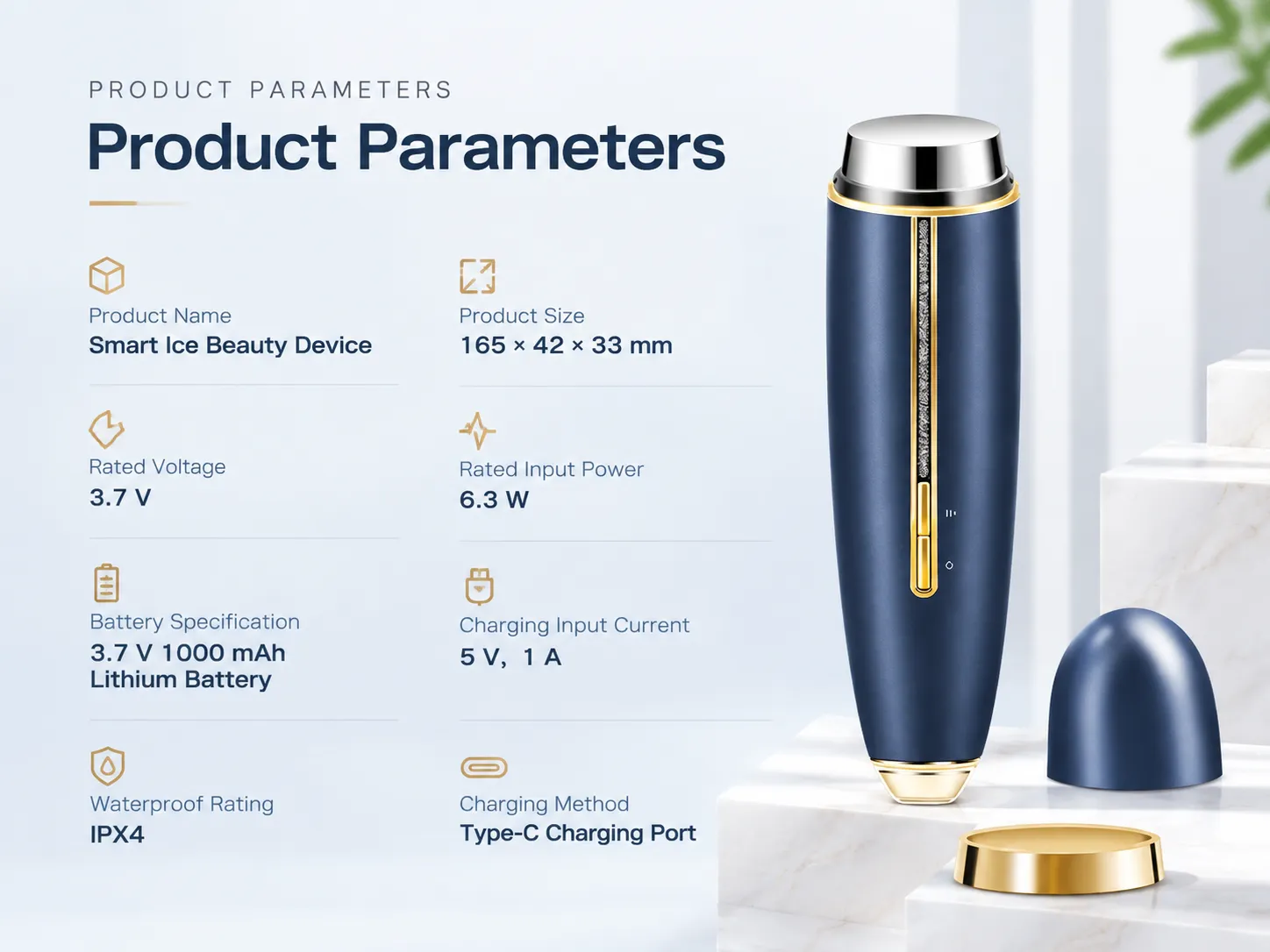 Technical product parameters for smart ice beauty device including dimensions, voltage, battery capacity, and IPX4 rating