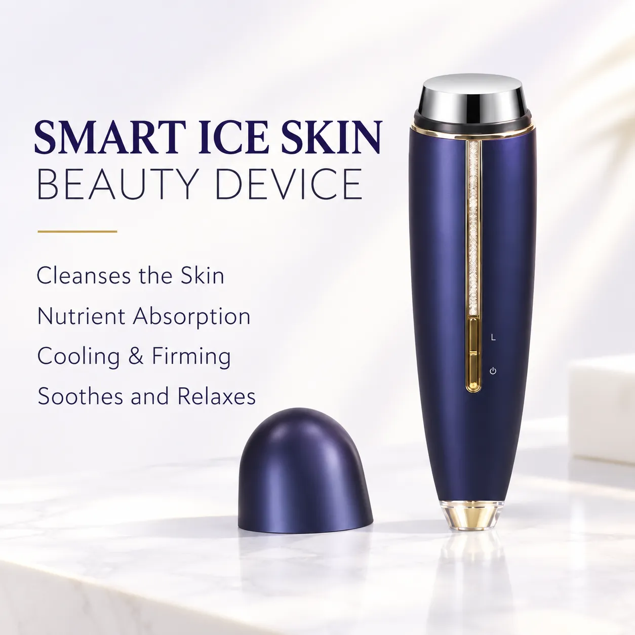 4-in-1 smart ice skin beauty device showing cleansing, nutrient absorption, cooling, and soothing features