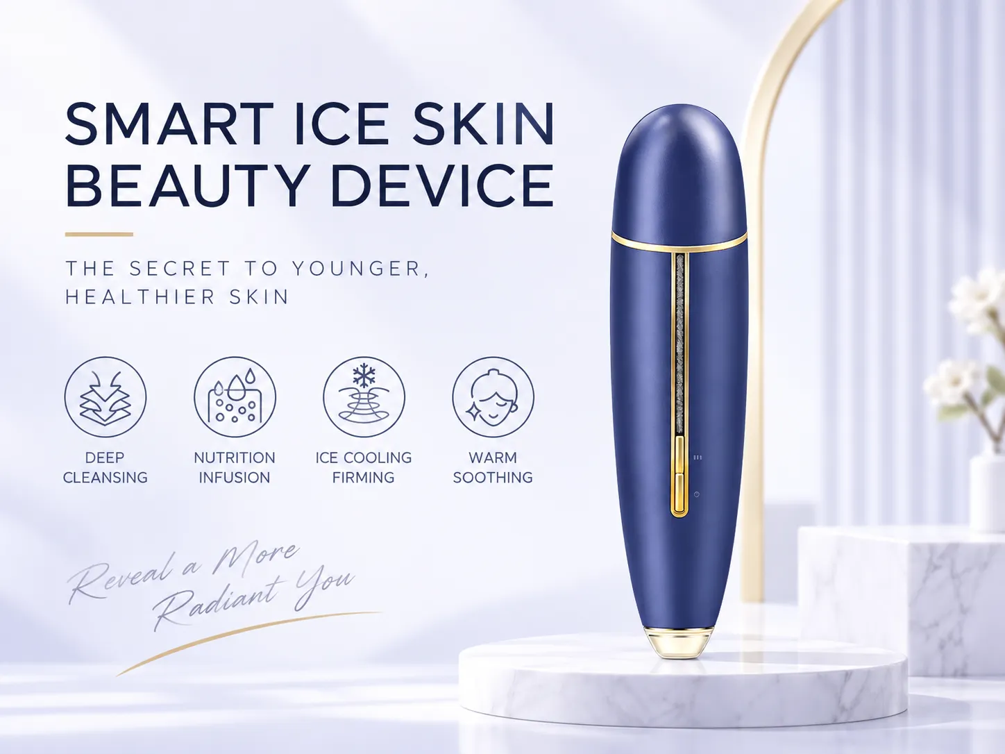 Smart ice skin beauty device featuring deep cleansing, nutrition infusion, ice cooling firming, and warm soothing modes