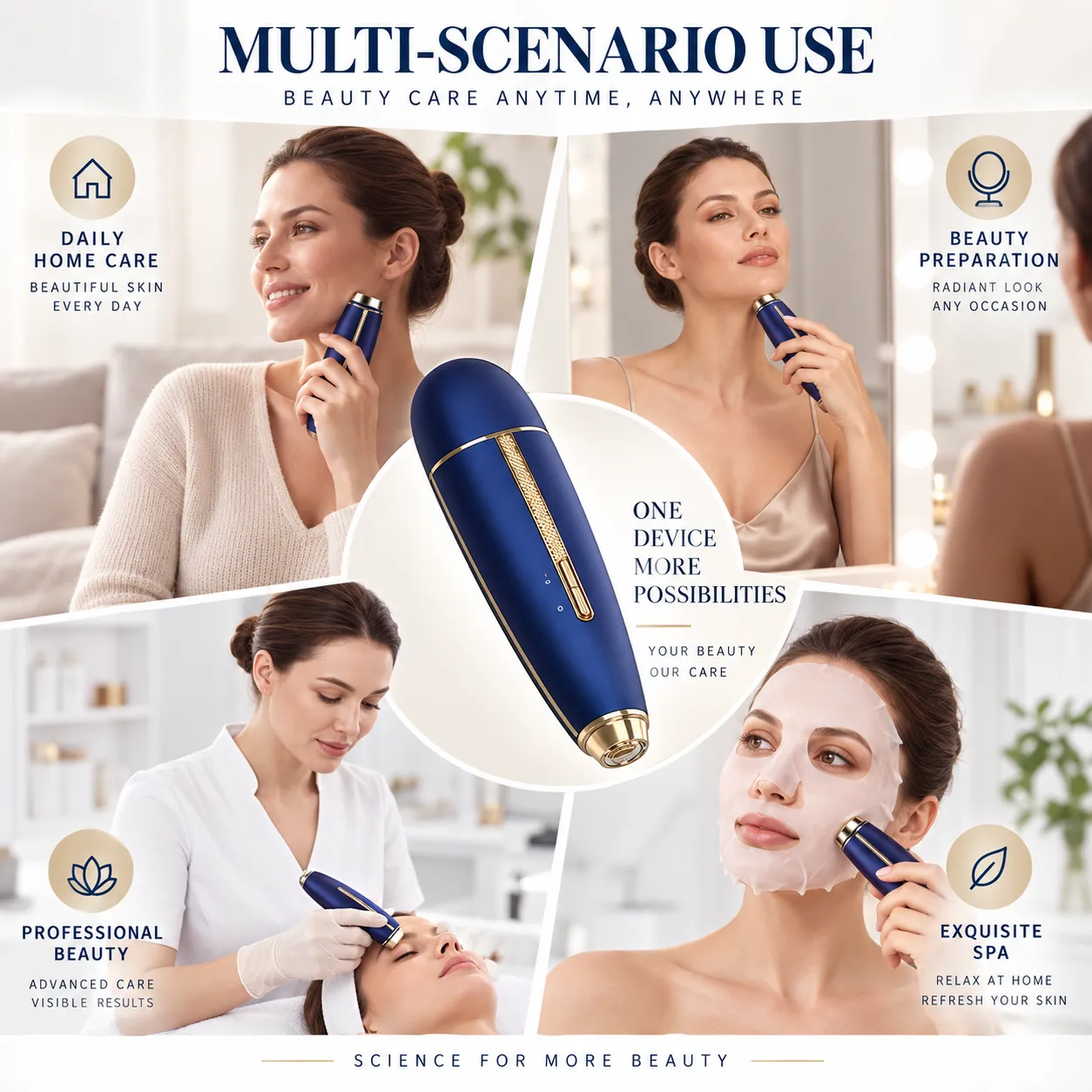 Multi-scenario use of smart ice skin beauty device including home care, beauty prep, professional spa, and sheet mask care