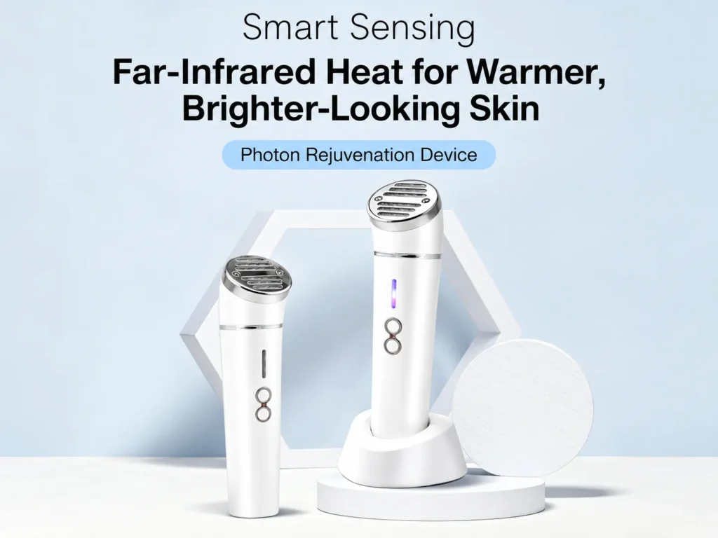 Smart sensing far-infrared photon rejuvenation device displayed with its charging base and handheld unit