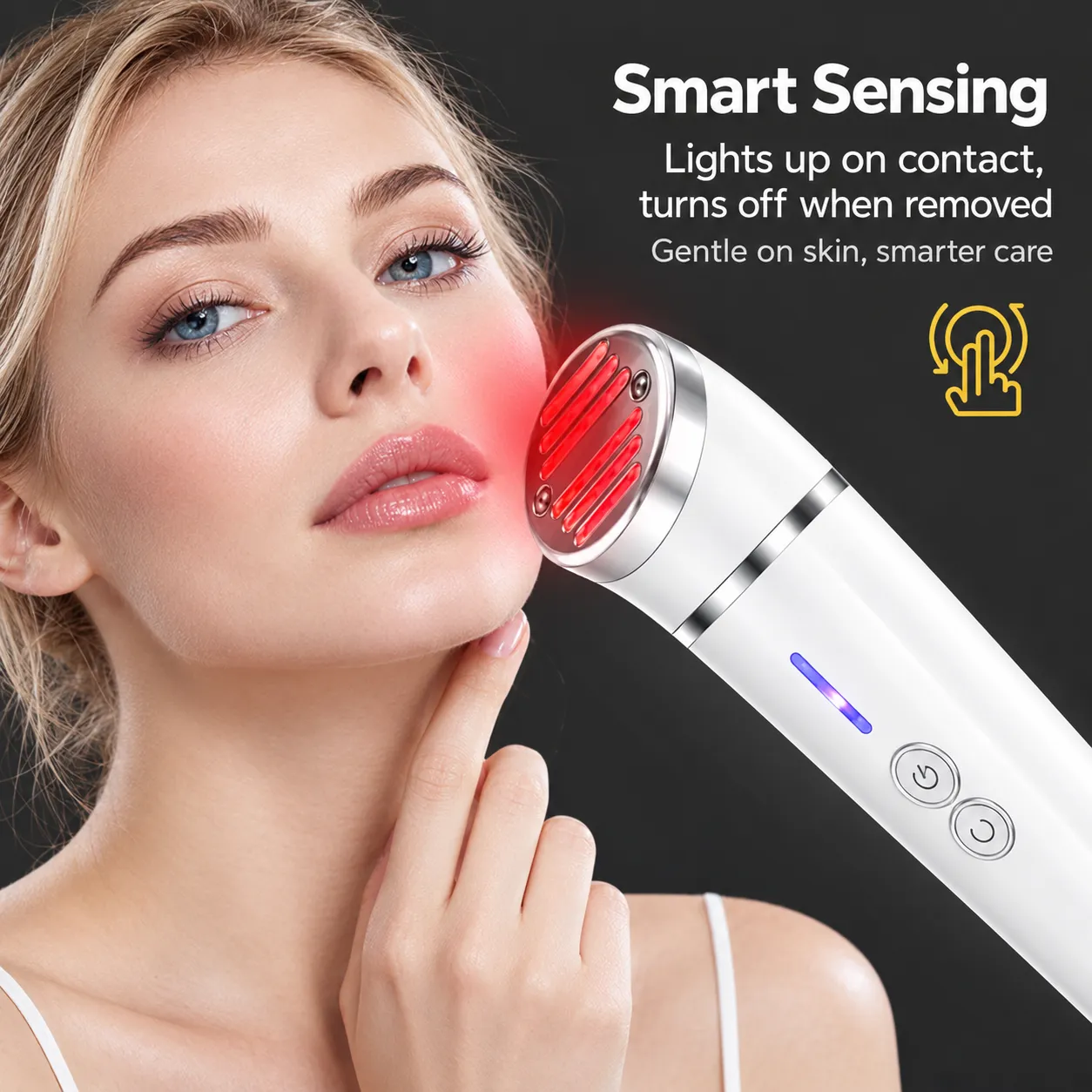 Model demonstrating the smart sensing infrared photon rejuvenation device lighting up on skin contact