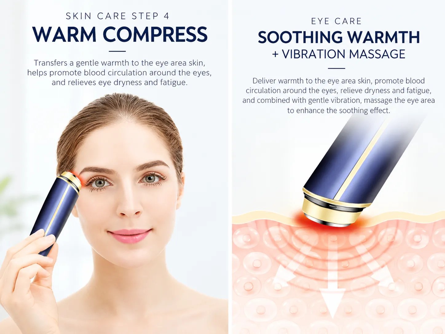 Step 4 warm compress and vibration massage for eye area care to boost blood circulation and relieve fatigue