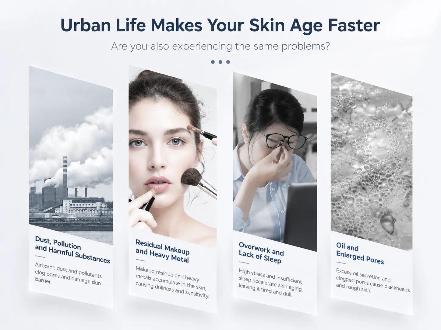 Common skin problems caused by urban pollution, residual makeup, lack of sleep, and enlarged pores